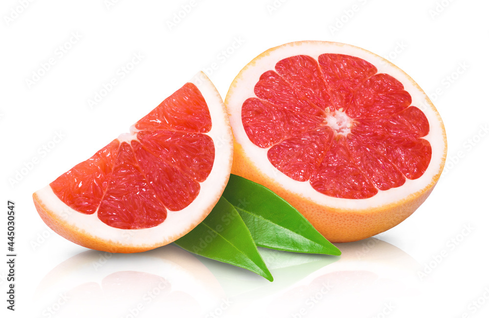 Two juicy sweet grapefruit slices Isolated on white background. Fresh fruits.