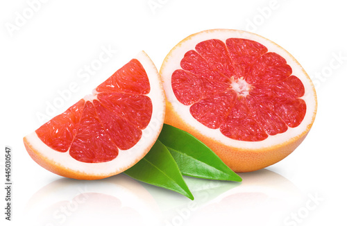 Two juicy sweet grapefruit slices Isolated on white background. Fresh fruits.