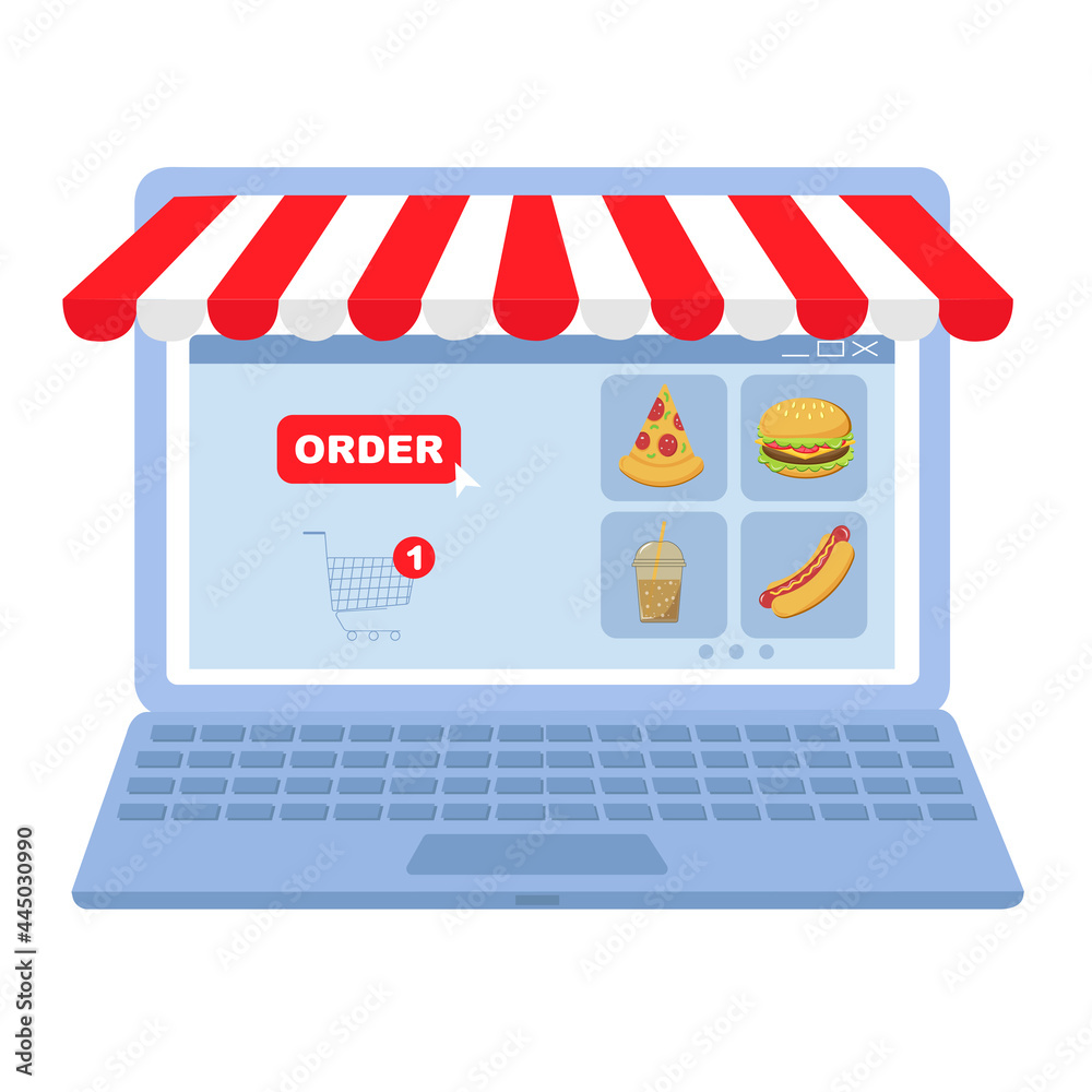Obraz premium Food delivery. Laptop sreen witn new order. vector illustration.