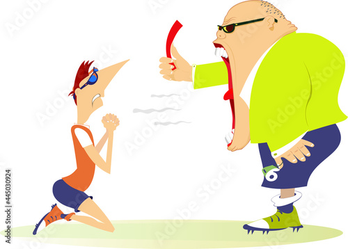 Shouting referee holds a red card and player illustration. 
Angry referee shows a red card tо the player staying on the knee isolated on white
