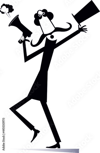 Man, megaphone and news isolated illustration. 
Cartoon mustache in the top hat man with megaphone makes announcement black on white
