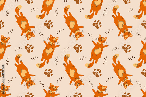 Seamless pattern with orange cat lying on its back. The pet is resting and relaxing. Seamless pattern for children with a cat. Vector illustration in flat style.