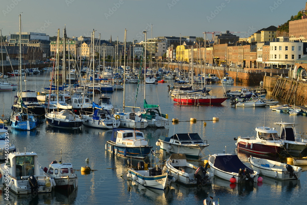 St Helier marina, Jersey, U.K. View from the yacht club towards town on a Summer evening high tide.