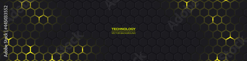 Dark gray and yellow horizontal hexagonal technology abstract vector background. Yellow bright energy flashes under hexagon in futuristic modern technology wide banner. Dark honeycomb texture grid