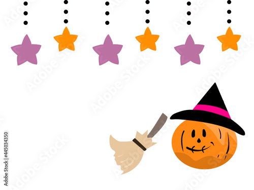 Pumpkin with witch hat and a broom aside, on a white background
