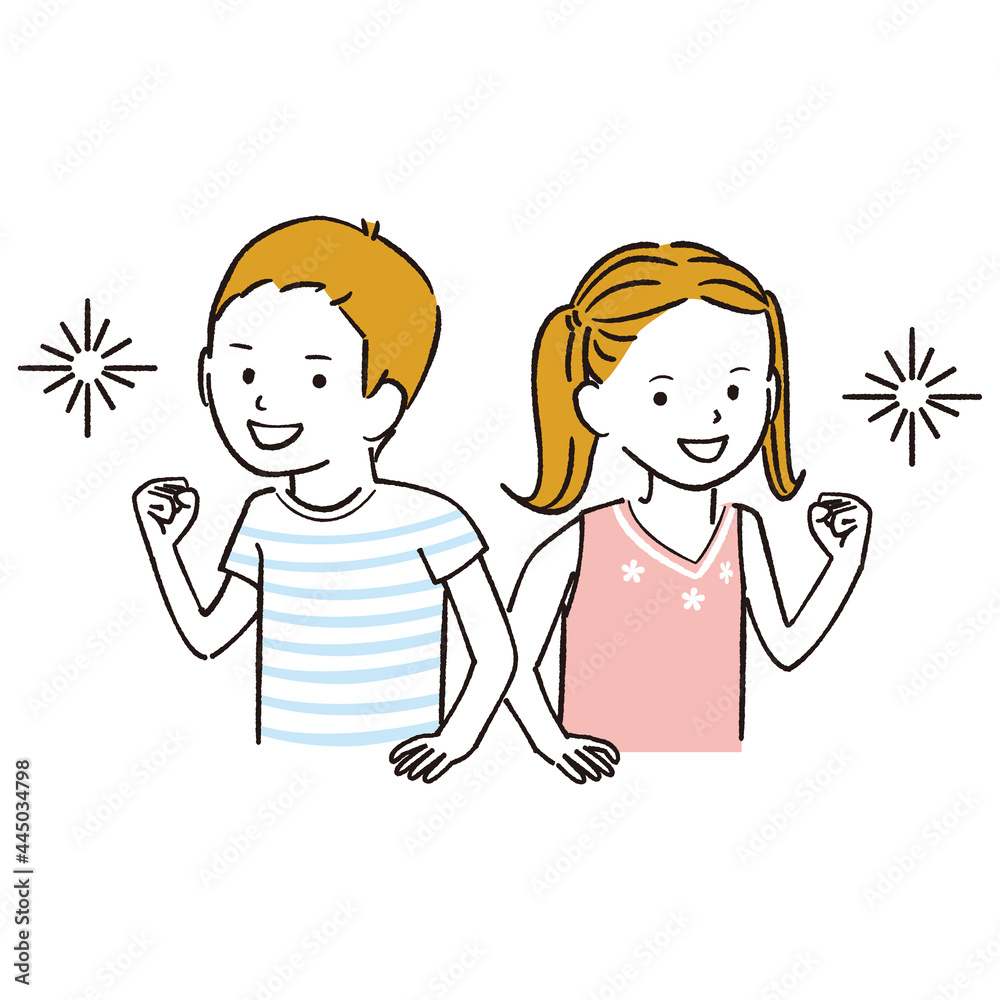 手書き線画カラーイラスト 線画 ガッツポーズ男の子女の子 手書き線画カラーイラスト 線画 ガッツポーズ男の子女の子