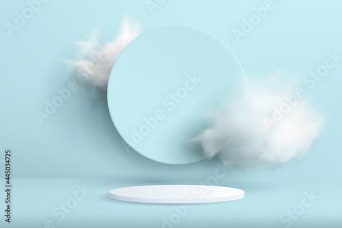 Abstract background with a podium in a minimal style with clouds on the background. A realistic image of an empty cylindrical pedestal for product demonstration with a circle decoration.