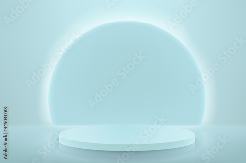Abstract background with a pedestal in a minimalistic style. Empty podium for product demonstration with neon lighting.
