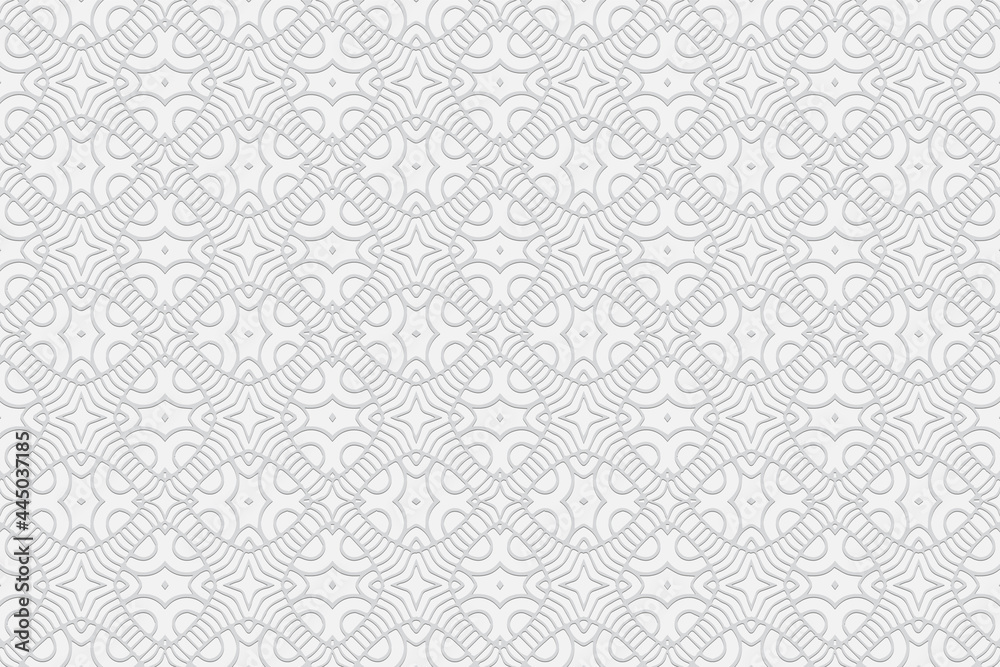 3D volumetric convex embossed white background. Ethnic Arabic geometric pattern with handmade elements. Simple ornament for design and decoration, textiles, wallpapers, presentations, business cards.