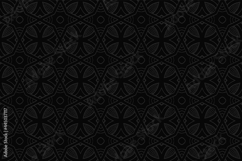 3D volumetric convex embossed black background. Ethnic Arabic geometric pattern with handmade elements. Decorative ornament for design and decor, textiles, wallpapers, presentations, business cards.