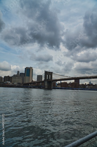 Panoramic view of Brooklyn bridge and Manhattan skyline in NYC