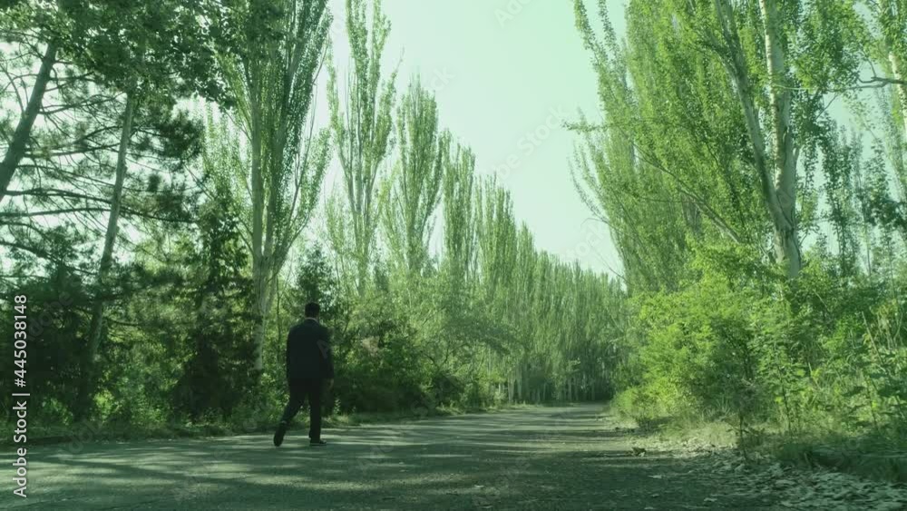 Back rear view of Man in suit walking alone through the forest or garden trees . Lonely boy walks in footpath or sidewalk in the middle road of forest with big high green trees . Slow motion . Drone
Back rear view of Man in suit walking alone through the forest or garden trees . Lonely boy walks in footpath or sidewalk in the middle road of forest with big high green trees . Slow motion . Drone