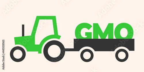 Tractor with genetically modified organism and GMO as load. Agriculture and genetic engineering, modification and alteration of crop and plant. Vector illustration.