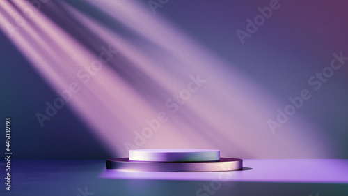 3d render. Abstract modern minimal pastel violet background illuminated with bright light. Showcase scene with cylinder podium for product presentation photo