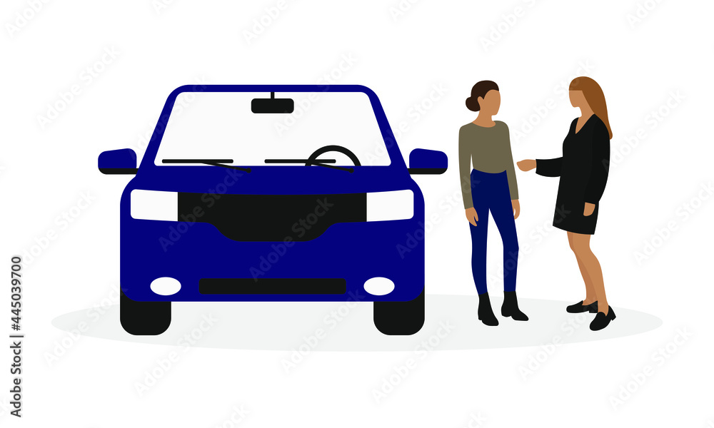 Two female characters talking near a car on a white background Two female characters talking near a car on a white background