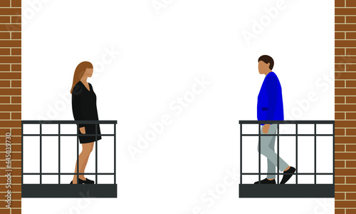 A male character and a female character are standing opposite each other on the balconies