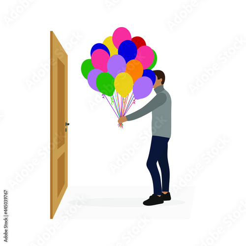 Male character with a bunch of colorful balloons in his hand stands in front of the door on a white background