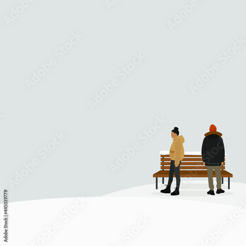 Male character and female character near wooden bench in winter