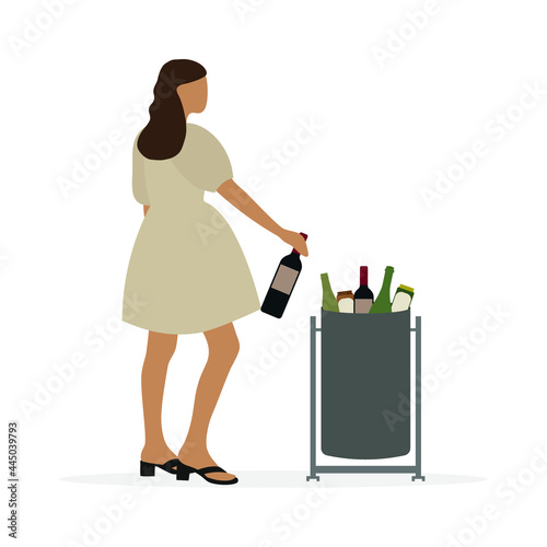 Female character in a beautiful dress throws a bottle into a trash can on a white background