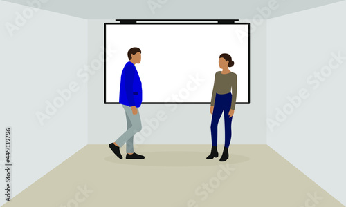 A male character and a female character are standing near the screen hanging on the wall