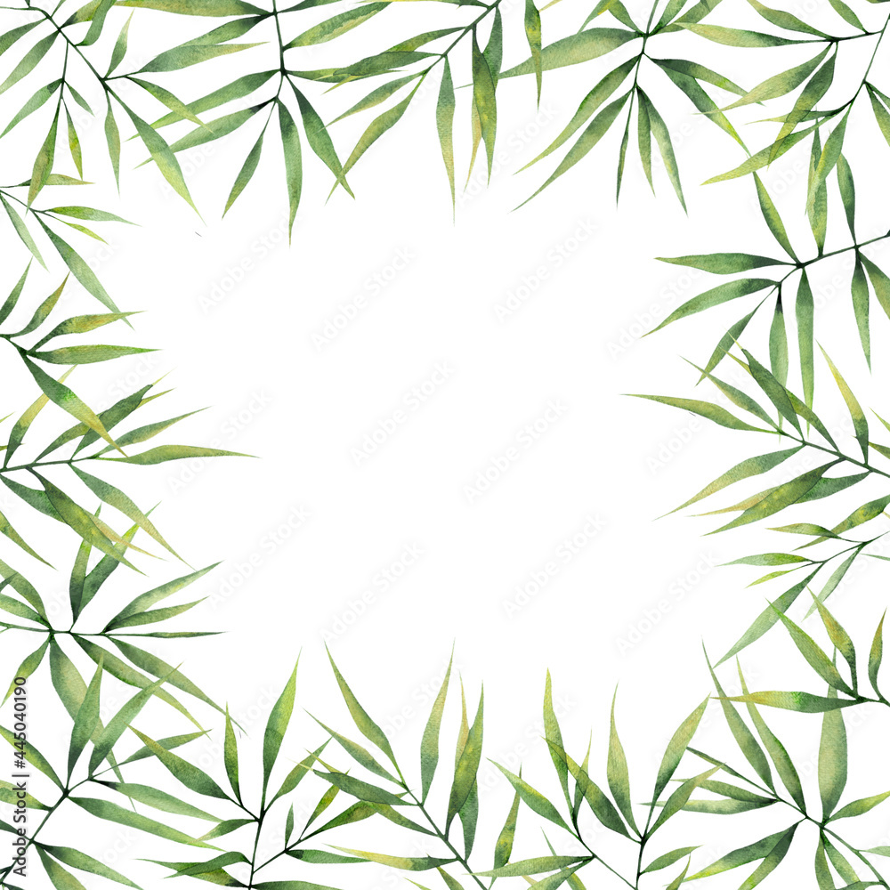 Watercolor square frame with green bamboo leaves on a white background. Botanical illustration for postcards, posters, banners, fabrics.