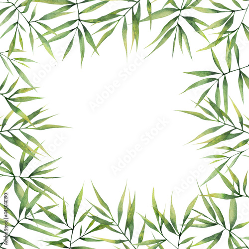 Watercolor square frame with green bamboo leaves on a white background. Botanical illustration for postcards  posters  banners  fabrics.