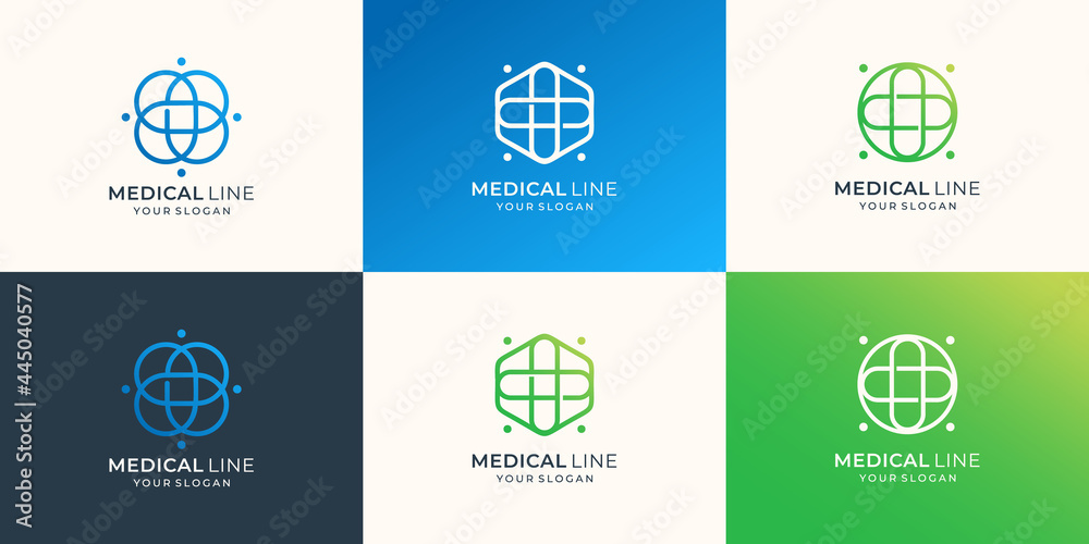 set of medical logo with minimalist line art cross plus health design.set modern abstract plus logo.