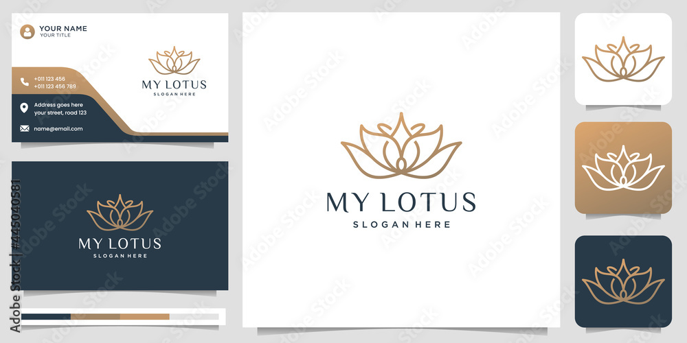 Fototapeta premium minimalist elegant lotus flower logo design with abstract line. logotype and business card template.