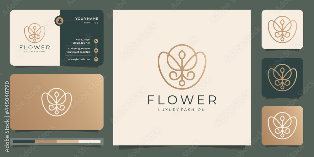 minimalist luxury flower rose logo template with creative line art style and business card design.