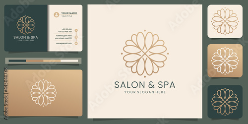 Feminine beauty salon and spa line art monogram shape logo. golden, icon and business card template.