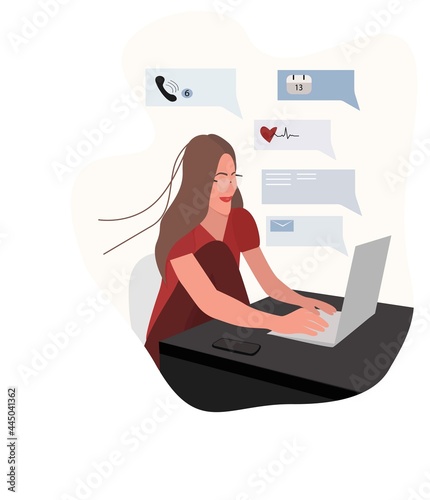  woman checks her mail, calendar, messages, missed calls, health on a laptop. Happiness, joy there are many pleasant moments in life. Online life. Flat cartoon vector illustration. 