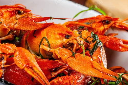 Boiled crawfish or crayfish with herbs in a white plate