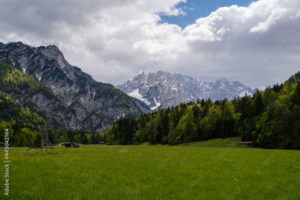 Planica valley in Slovenia with green meadows
