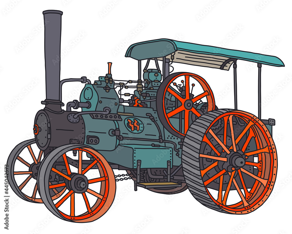 The vectorized hand drawing of a vintage green steam traction engine