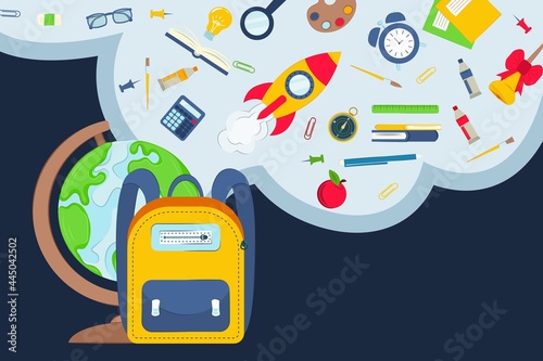 Illustration of school supplies.  Back to school concept. School and education symbols, objects set. back to school sale banner, poster, flat vector design.