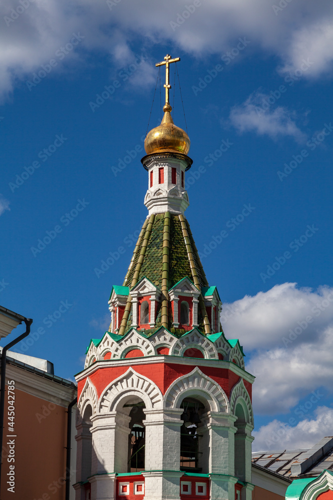 Bell tower of the Cathedral of the Kazan Icon of the Mother of God near Red Square in Moscow