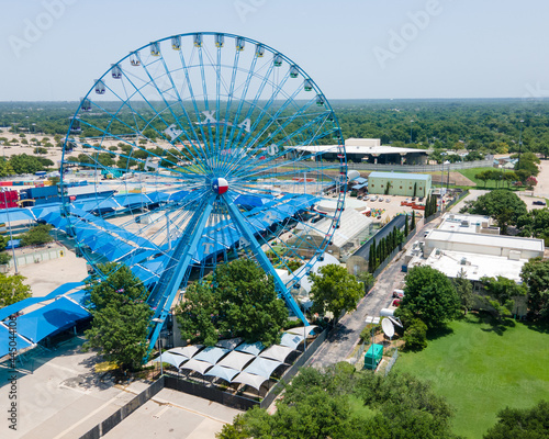 Dallas, Texas  USA - 07-13-2021 Aerial Photo Dallas Fair Park State Fair Of Texas Ferris Wheel Downtown Dallas