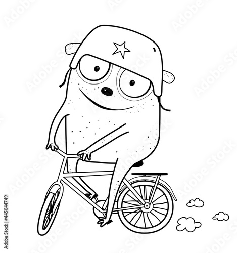Funny cute monster riding bicycle, adorable monochrome imaginary biking creature character for kids activity coloring book. Black and white bike monster outline coloring page.