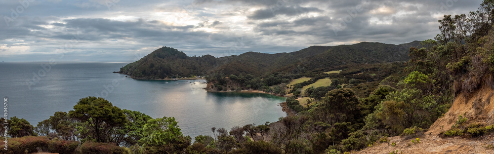 Magnificent panoramic view of Blind Bay on Great Barrier Island in the evening