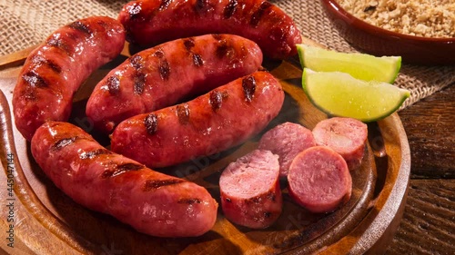 Grilled sausage with smoke. Grilled Sausage on wooden board. Brazilian barbecue.
