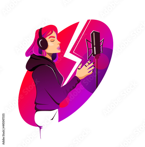 A girl with pink hair in a sweatshirt stands and sings in front of a microphone. Singer, sound recording, song production. Vector illustration in magenta colors isolated on white background