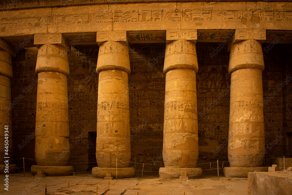 Pillars inside the Medinet Habu temple, Luxor, Egypt Pillars inside the Medinet Habu temple, Luxor, Egypt