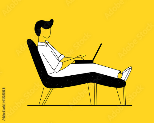 A man is sitting in a chair, stretching his legs with a laptop and working. Bright yellow background. Linear style.