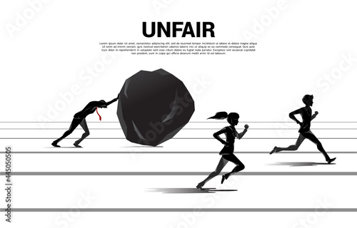 Silhouette one of businessman and businesswoman running on inequality challenge. Concept of career obstacles and inequality