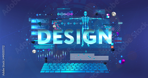 Animator and 3D modeling design concept. Workplace in futuristic style. Designer animator creates a 3D model of a person and animates it in the program. Online learning banner. Vector illustration
