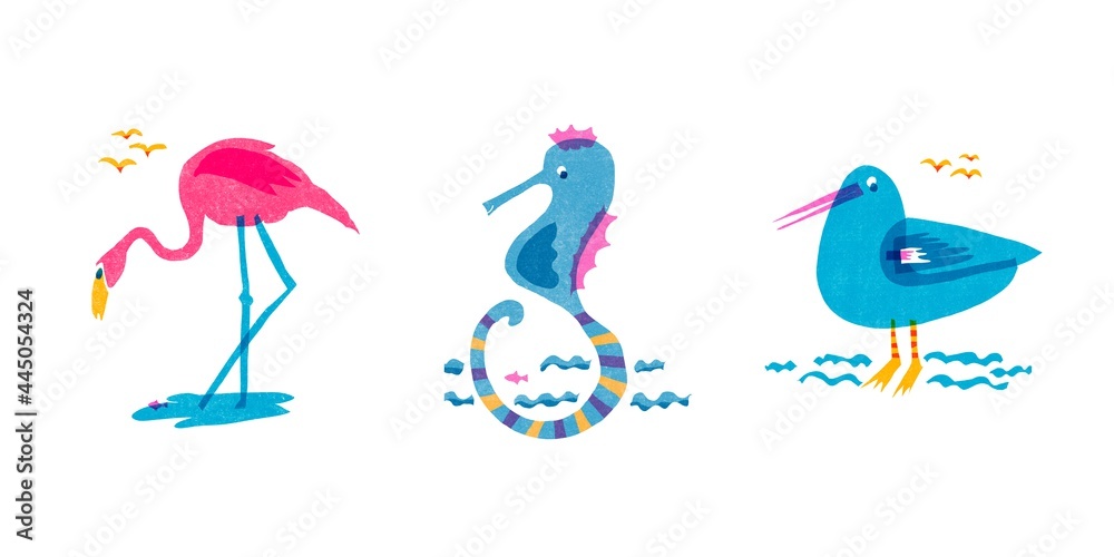 Whimsical seagull, seahorse, flamingo riso print beach design element. Colorful cute screen print effect. Playful cyan blue summer illustration art icon. High resolution isolated on white.
Whimsical seagull, seahorse, flamingo riso print beach design element. Colorful cute screen print effect. Playful cyan blue summer illustration art icon. High resolution isolated on white.