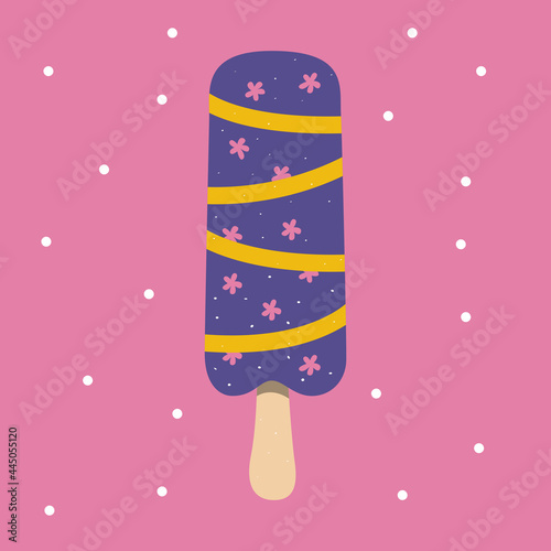 Blue ice cream on a stick drizzled with vanilla topping and garnished with pink flowers. Vector illustration.
