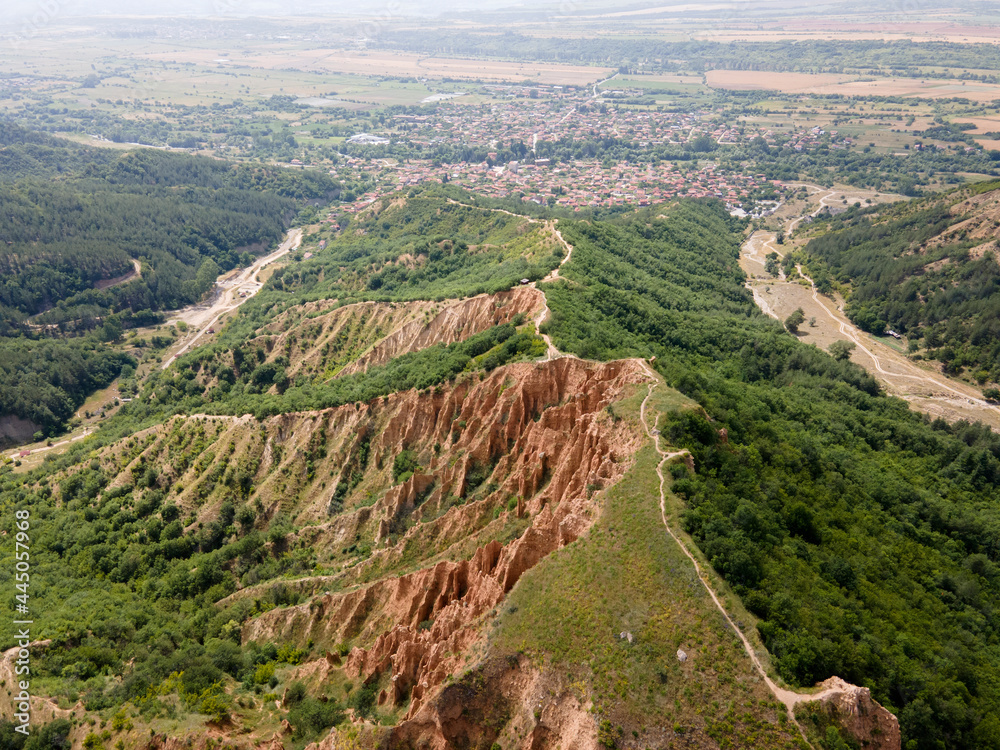 Aerial view of rock formation Stob pyramids, Rila Mountain, Bulgaria