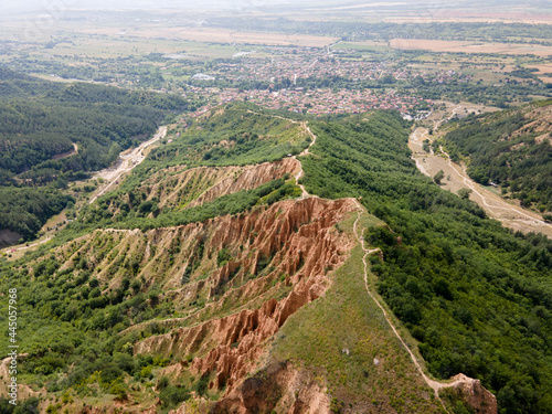 Aerial view of rock formation Stob pyramids, Rila Mountain, Bulgaria