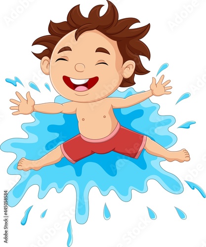 Cartoon little boy playing on the water